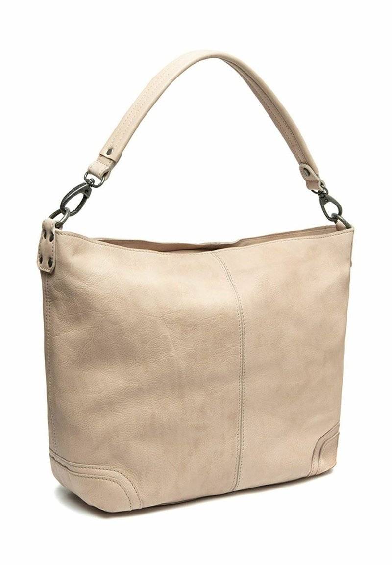 Sac à main en cuir beige avec une texture lisse, anse supérieure arrondie et accents en quincaillerie argentée. Présente des coutures discrètes et un intérieur spacieux.