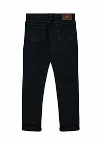 Jeans in denim blu scuro con un design a gamba dritta, caratterizzati da orli arrotolati, due tasche posteriori e un'etichetta in pelle marrone sul cinturino.