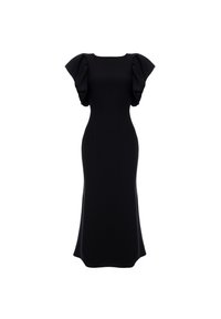 Czarna, dopasowana sukienka z krótkimi bufkami, okrągłym dekoltem i smukłą sylwetką. Wykonana z gładkiego materiału o subtelnym połysku.