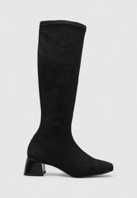Black knee-high boots made of soft suede, featuring a block heel, pointed toe, and smooth texture with no visible embellishments.