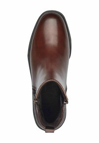Stivaletto in pelle marrone con finitura liscia, accenti laterali stampati e chiusura a zip. Caratterizzato da una fodera interna imbottita.