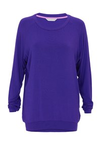 Fioletowa bluzka z długim rękawem o luźnym kroju, okrągłym dekolcie i kontrastowym różowym akcentem przy kołnierzyku. Miękka, lekka tkanina z luźnymi rękawami.