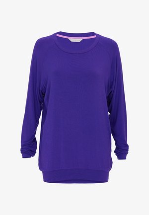 Paarse lange mouwen top met een ontspannen pasvorm, ronde halslijn en contrasterende roze accent bij de kraag. Zacht, lichtgewicht stof met gedrapeerde mouwen.