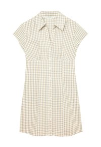 Robe chemise à manches courtes beige et blanche à carreaux avec col et fermeture boutonnée à l'avant.