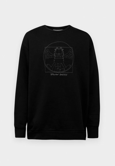 Sudadera negra con un gráfico bordado central de un gato de dibujos animados dentro de una forma geométrica con el texto "VITRUVIAN GARFIELD".