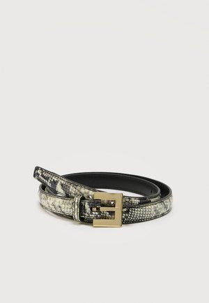 Narrow belt with black and white snakeskin pattern and rectangular gold metal buckle, coiled on a plain light background.