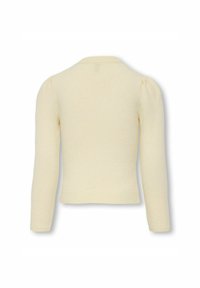 Pullover a maglia a maniche lunghe color crema con spalle leggermente gonfie e polsini e orlo a costine, mostrato da dietro.