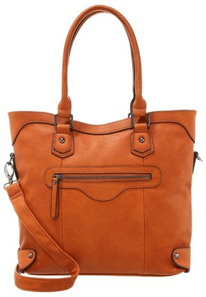 Sac fourre-tout en cuir marron avec doubles poignées, poche avant zippée et bandoulière amovible sur fond blanc.