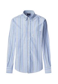 Camicia a maniche lunghe a righe blu e bianche con colletto button-down, tasca frontale e tessuto testurizzato. Righe verticali di ampiezze variabili.