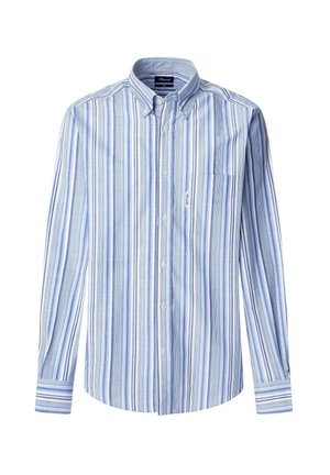 Camisa de manga larga a rayas azul y blanca con cuello abotonado, bolsillo frontal y tejido texturizado. Rayas verticales de diferentes anchos.