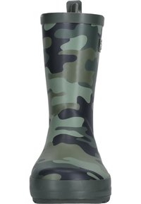 Bottes de pluie en caoutchouc camouflage vert avec un haut tige, un bout arrondi et une semelle texturée pour une meilleure adhérence. Comprend une robustes languette de tirage à l'arrière.
