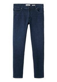 Jeans ajustados de color azul oscuro, con botón frontal y bolsillos, exhibidos planos sobre un fondo blanco.