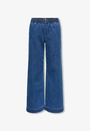 Vide blå jeans i denim med elastisk midje og synlige sømmer, vist forfra på hvit bakgrunn.