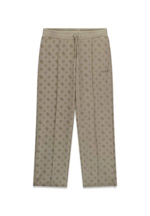 Pantaloni beige a gamba larga con un motivo all-over di piccoli loghi scuri e vita con coulisse.