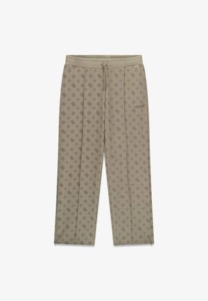 Pantaloni beige a gamba larga con un motivo all-over di piccoli loghi scuri e vita con coulisse.