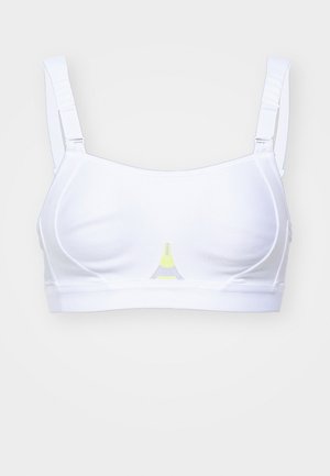Sujetador deportivo blanco hecho de tela suave, con tirantes ajustables y un pequeño gráfico en amarillo y gris de la Torre Eiffel en el centro.