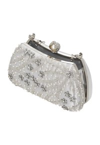 Clutch plateado con un patrón floral bordado con cuentas, decorado con piedras de imitación claras y cierre de perlas. Tela suave con acabado brillante.