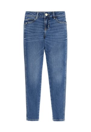 Mellemblå slim-fit jeans i denim med forreste knap, lynlås, bæltestropper og fem-lomme design på hvid baggrund.