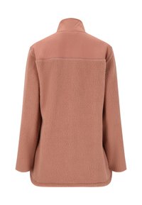 Hellrosa Fleecejacke mit strukturiertem Körper und glattem oberen Abschnitt, mit Stehkragen und lässiger Passform, ohne sichtbare Verschlüsse.