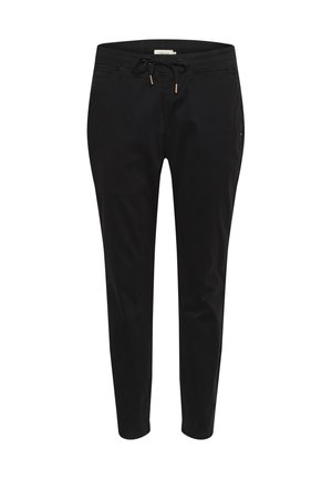 Črne hlače z elastiko, narejene iz gladkega materiala, z vrvico za prilagajanje v pasu in zoženim krojem nog. Minimalistične, brez vidnih vzorcev.