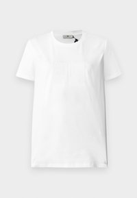 Λευκό βαμβακερό t-shirt με κοντά μανίκια και λαιμόκοψη γύρω από το λαιμό. Διαθέτει ανάγλυφο λογότυπο και σχέδιο με κείμενο στο μπροστινό μέρος, με ομαλή υφή.