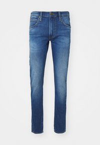 Jeans in denim blu con un design a gamba dritta, dotati di cinque tasche, chiusura con bottone e zip, e leggera scoloritura sulla parte anteriore.