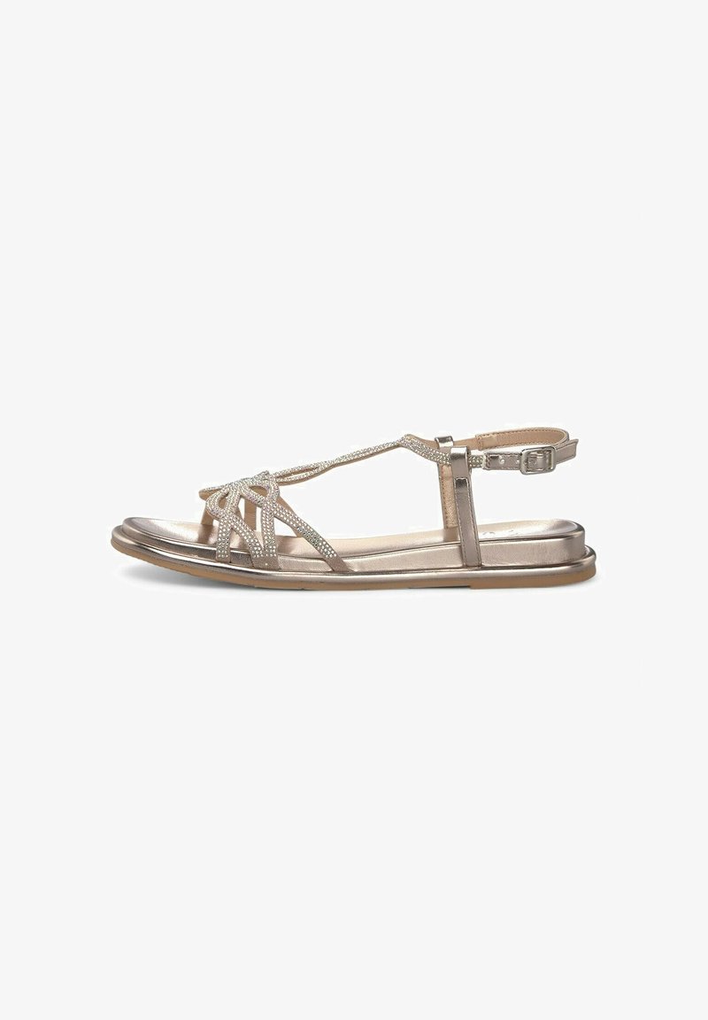 Metallic bronze sandal with a flat sole, featuring crisscross straps adorned with small rhinestones and an adjustable ankle buckle.