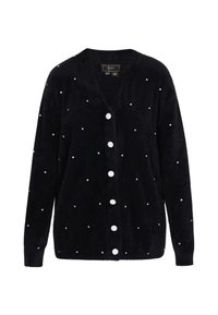 Black, fuzzy cardigan with a v-neck and front button closure. Features scattered white pearl accents for decoration.