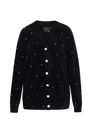 Schwarze, flauschige Strickjacke mit V-Ausschnitt und vorderer Knopfleiste. Verziert mit verstreuten weißen Perlenakzenten.