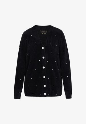 Black, fuzzy cardigan with a v-neck and front button closure. Features scattered white pearl accents for decoration.