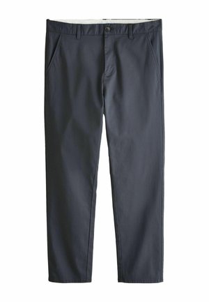 Pantaloni bleumarin închis, cu picior drept, curele pentru centură, închidere frontală cu nasture și fermoar și buzunare laterale înclinate.