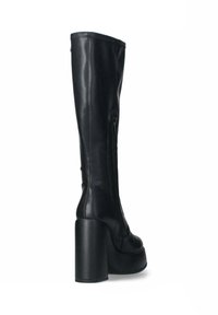 Czarny skórzany botki za kolano z grubą platformą, z boku zamek błyskawiczny i gładką fakturą. Elegancki design z zaokrąglonym noskiem.