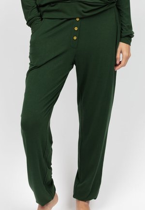Pantaloni lounge leggeri e verdi con vestibilità comoda, tasche laterali e chiusura a tre bottoni sul davanti. Texture morbida e liscia.