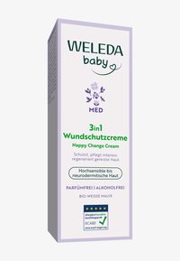 Opakowanie WELEDA Baby 3-w-1 Krem do zmiany pieluch, prostokątne pudełko, białe z fioletowymi akcentami, zielony tekst oraz elementy kwiatowe w designie.