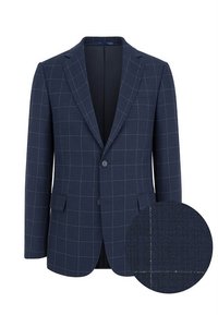 Granatowa kurtka w kratkę, o jednorzędowym kroju, z dwoma guzikami, klapami typu notch oraz bocznymi kieszeniami; tkanina jest gładka w dotyku.