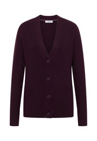 Dunkelviolette, gerippte Strickjacke mit V-Ausschnitt, frontalen Knopfverschluss und langen Ärmeln. Hergestellt aus weichem Stoff mit glatter Textur.