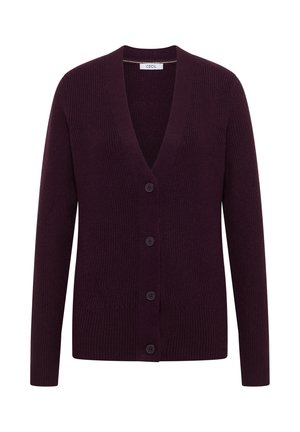 Donkerpaarse geribbelde cardigan met een v-hals, sluiting met knopen aan de voorkant en lange mouwen. Gemaakt van zachte stof met een gladde textuur.