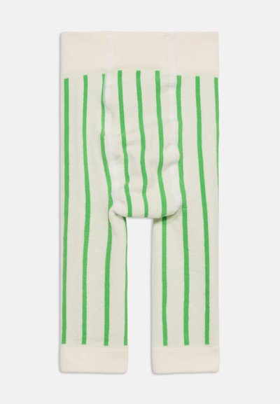 Kremfargede babyleggings med grønne, vertikale striper og en brettet linning, vist flatt på en hvit bakgrunn.