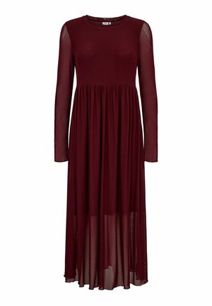 Rochie lungă vișinie cu mâneci lungi, cu un corset ajustat și o fustă vaporoasă, realizată dintr-un material transparent cu textură cu buline, având un decolteu rotund.