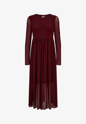 Bordo haljina dugih rukava sa uskim korzetom i lepršavom suknjom, izrađena od prozirnog materijala s uzorkom točkica, s okruglim izrezom.