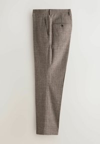 Braune karierten Hosen mit flacher Vorderseite, zwei Seitentaschen und einer einzelnen Gesäßtasche mit Knopfverschluss. Maßgeschneiderte Passform und glatte Textur.