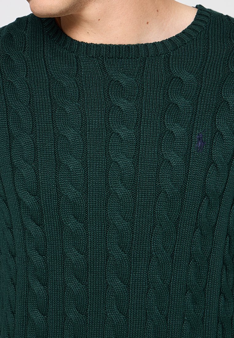 Suéter verde de punto que presenta un patrón de trenzas texturizado y un cuello redondo acanalado. Pequeño logo en color contrastante en el pecho.