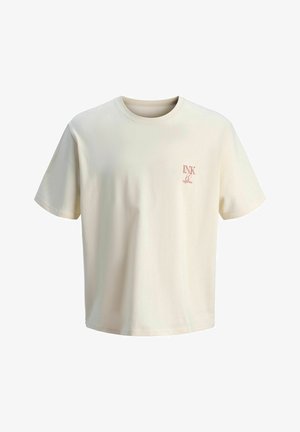 T-shirt à manches courtes de couleur crème avec un col rond et un petit texte rouge "INK espresso" sur la poitrine gauche.