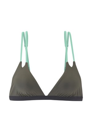 Haut de bikini triangle avec des bonnets vert olive foncé et des bretelles doubles vert menthe sur fond blanc.