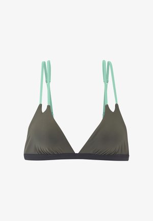 Driehoekige bikinibovenkant met donkere olijfgroene cups en mintgroene dubbele schouderbandjes tegen een witte achtergrond.