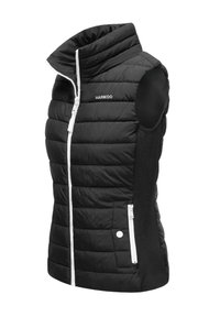 Gilet en duvet noir avec un col haut, design matelassé horizontal, zips blancs et sans manches. Il dispose d'une poche zippée sur le côté et d'un détail de logo.