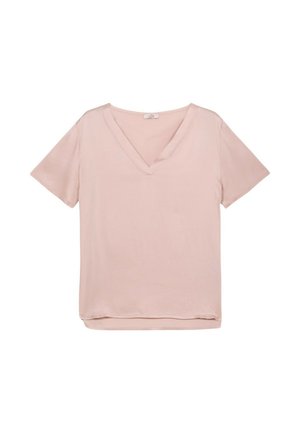 Tricou V cu decolteu în nuanță de roz blush, realizat dintr-un material moale și neted. Mâneci scurte cu o croială lejeră și tiv drept. Design minimalist.
