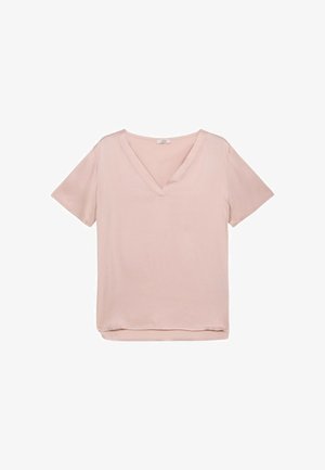 Blush pink V-hals t-shirt lavet af blødt, glat stof. Korte ærmer med afslappet pasform og lige kant. Minimalistisk design.
