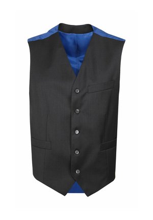 Zwart formeel vest met vijf knopen en drie voorzakken, met een blauwe voering en blauwe bies op de schouders.