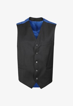 Zwart formeel vest met vijf knopen en drie voorzakken, met een blauwe voering en blauwe bies op de schouders.
